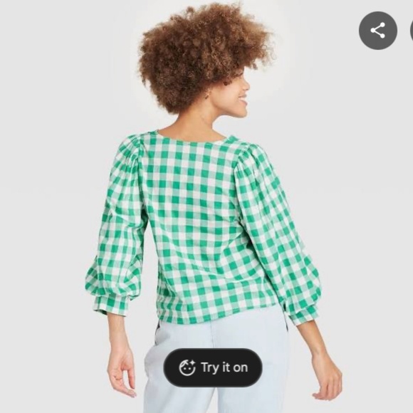 A New Day Tops A New Day Green Gingham Check Blouse Womens Size Medium V-Neck - Picture 2 of 5